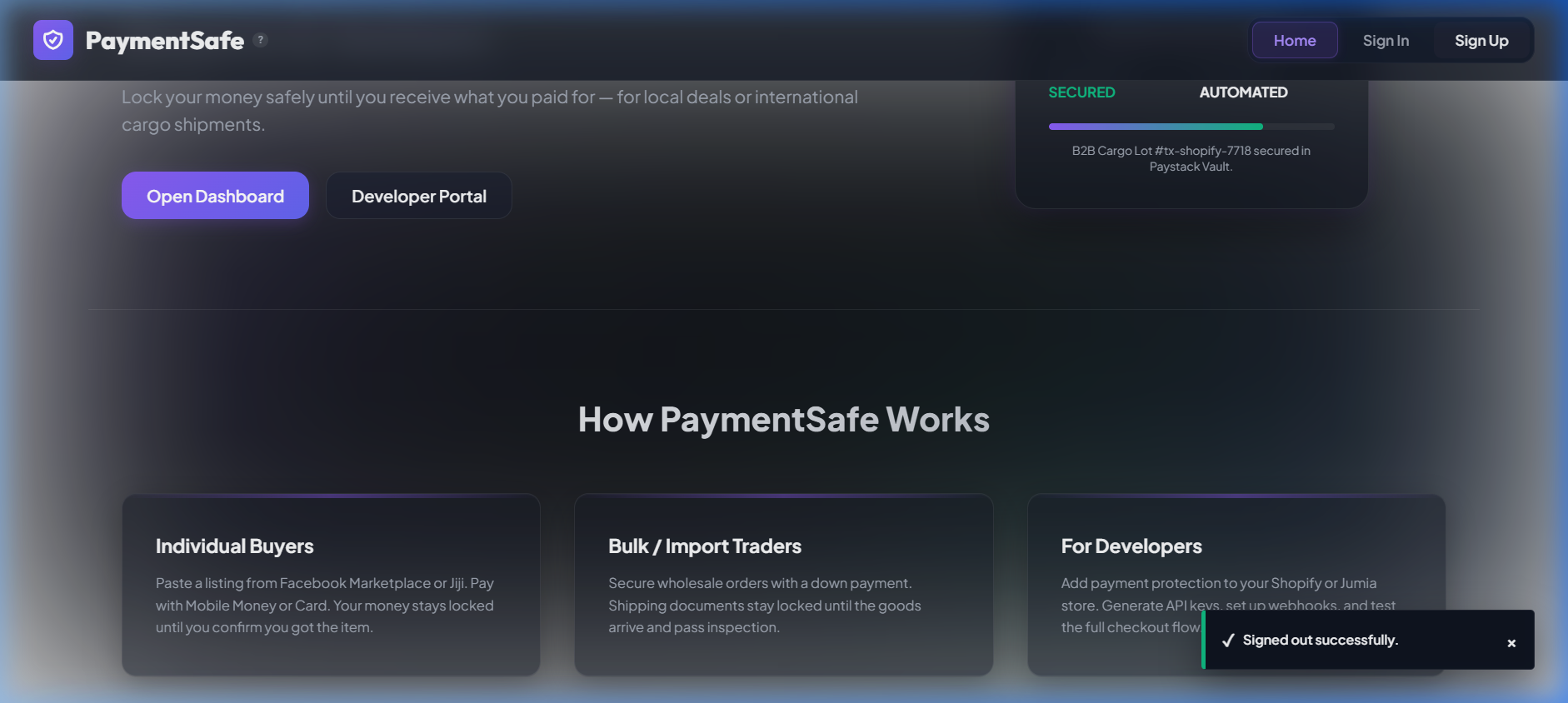 PaymentSafe homepage — Sign In button highlighted in the top-right