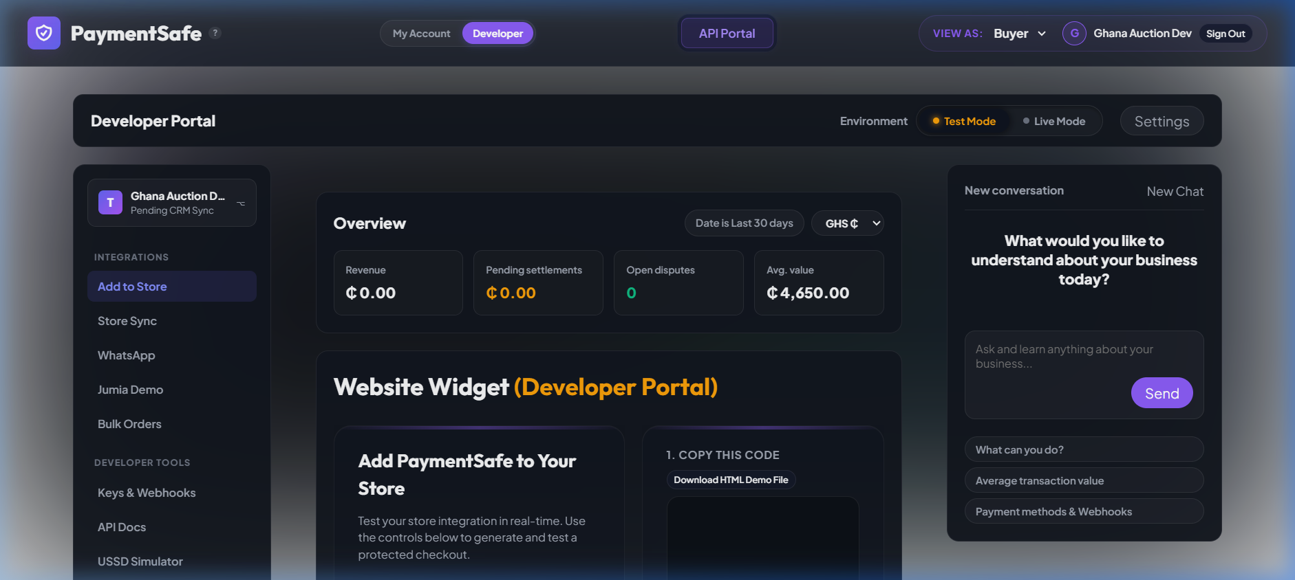 PaymentSafe dashboard — API Portal tab in the navigation