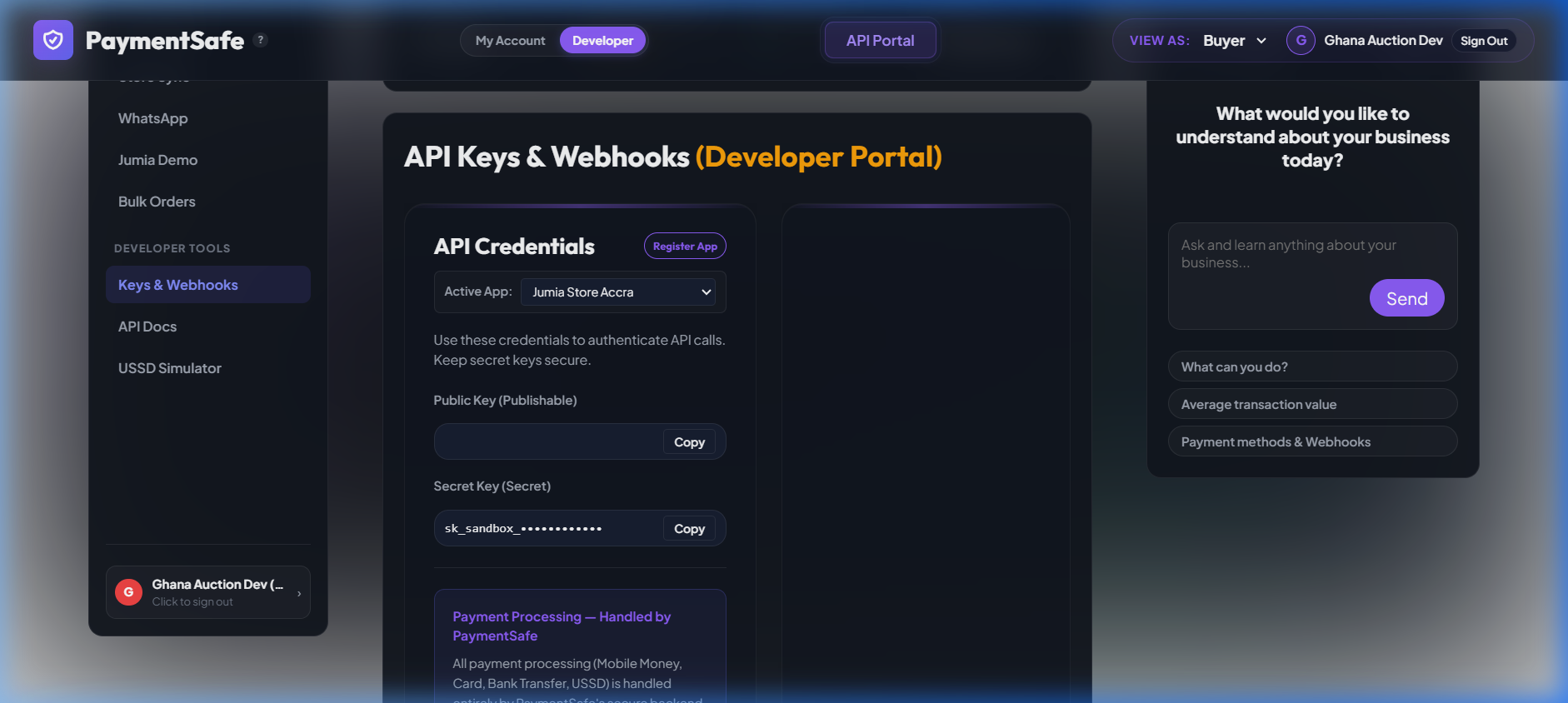 Keys and Webhooks page in Test Mode