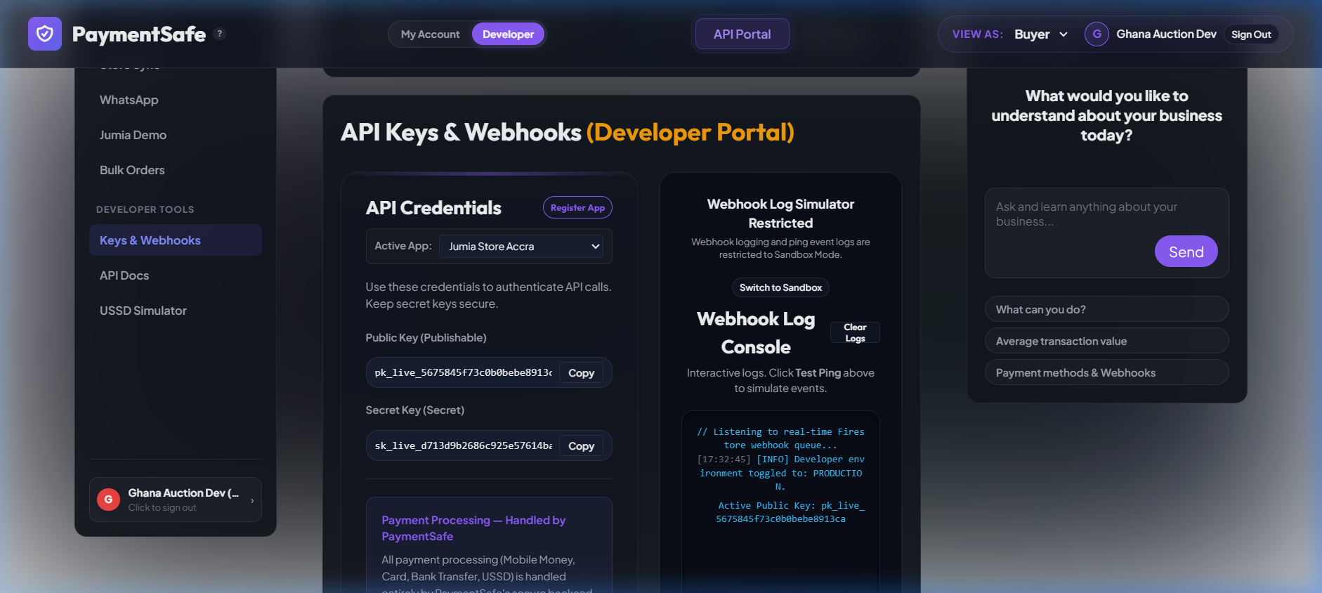 Keys and Webhooks page switched to Live Mode showing pk_live and sk_live keys